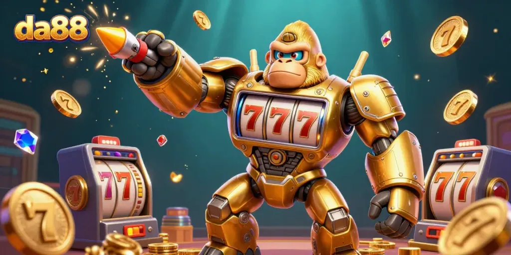 Experience the thrill of winning with da88's golden gorilla mech and exploding coins in action.