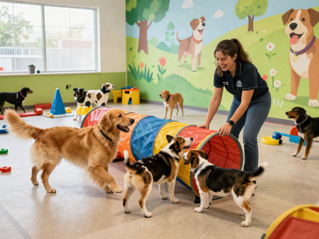Playful dogs at a dog daycare, showcasing slot depo 10k joy in a lively environment.