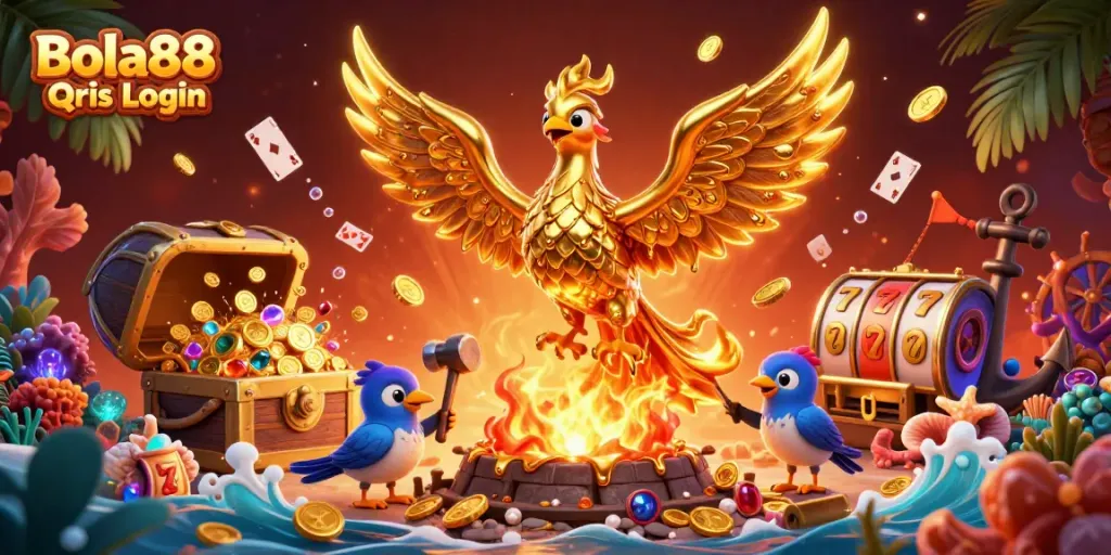 Engage with the wealth at Bola88 Qris Login featuring a molten phoenix amidst treasure and casino elements.