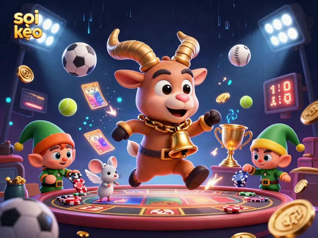 Soi kèo sports betting illustration showcasing a Krampus goat casino with festive chaos, sports balls, and betting slips
