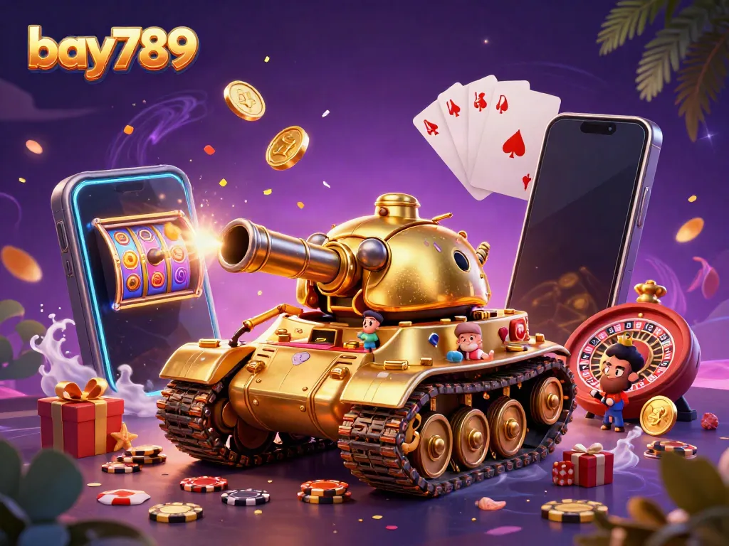 Experience bay789's vibrant casino world with a dynamic 3D illustration showcasing games and joy.