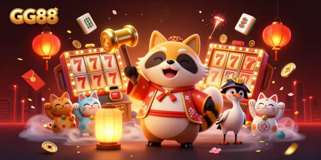 Experience thrilling wins at GG88 with cheerful mascots and vibrant casino elements in an exciting 3D scene.