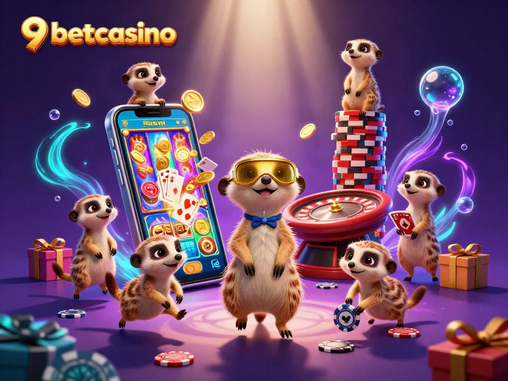 Experience the thrill of 9betcasino with a vibrant illustration featuring meerkats running their own casino.