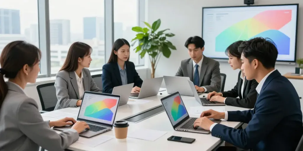 Equipo de profesionales en reunión para bbva empresas, analizando datos financieros juntos en una oficina moderna.