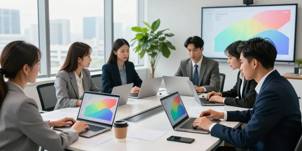 Equipo de profesionales en reunión para bbva empresas, analizando datos financieros juntos en una oficina moderna.