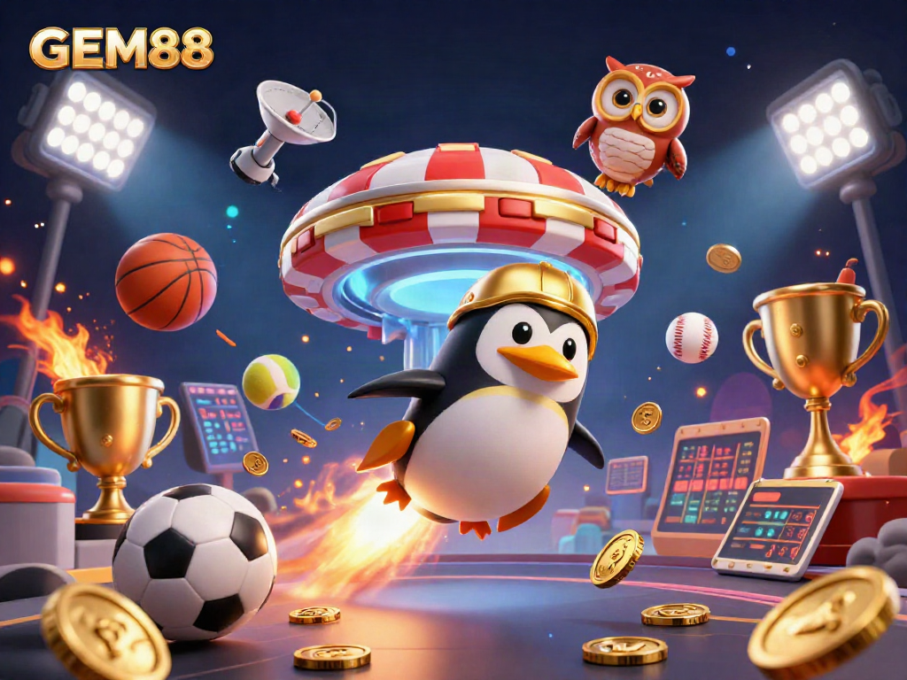 Experience GEM88 like never before with a vibrant 3D illustration featuring a golden penguin and casino-themed elements.