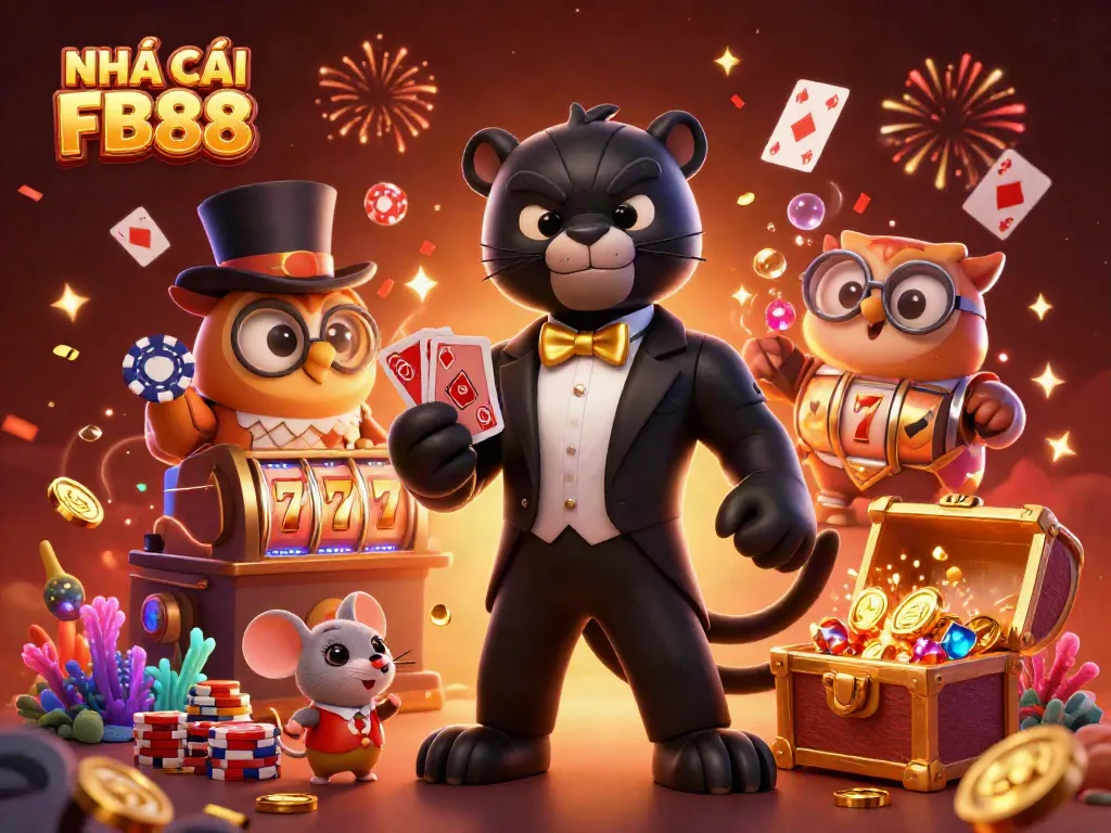 NHÀ CÁI FB88 features a stylish black panther dealing cards with an owl and a mouse in a vibrant casino scene.