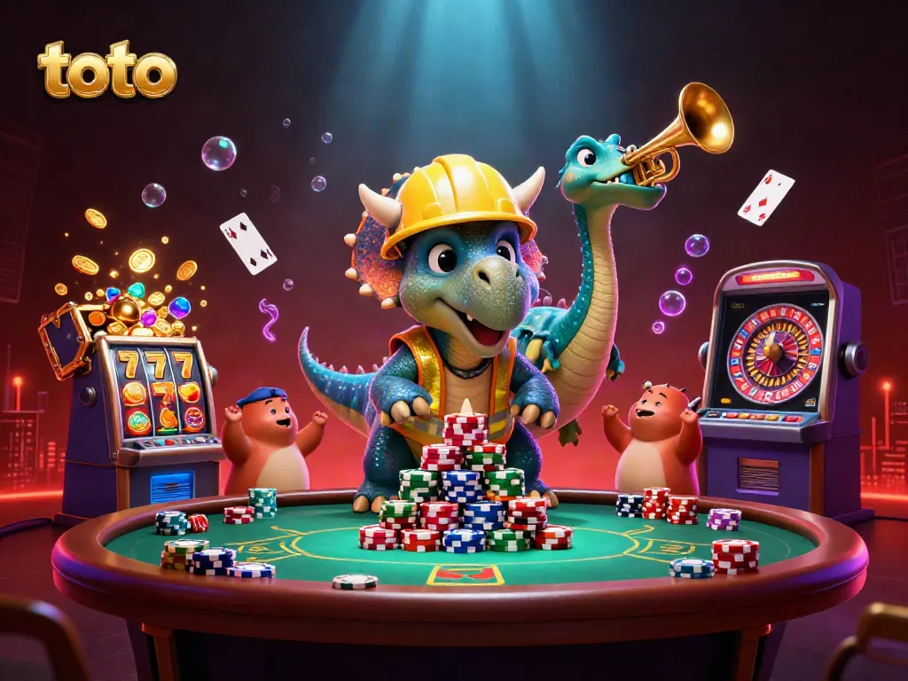 Engage in thrilling casino action with toto as fun dinosaur characters celebrate winning poker and slot games.