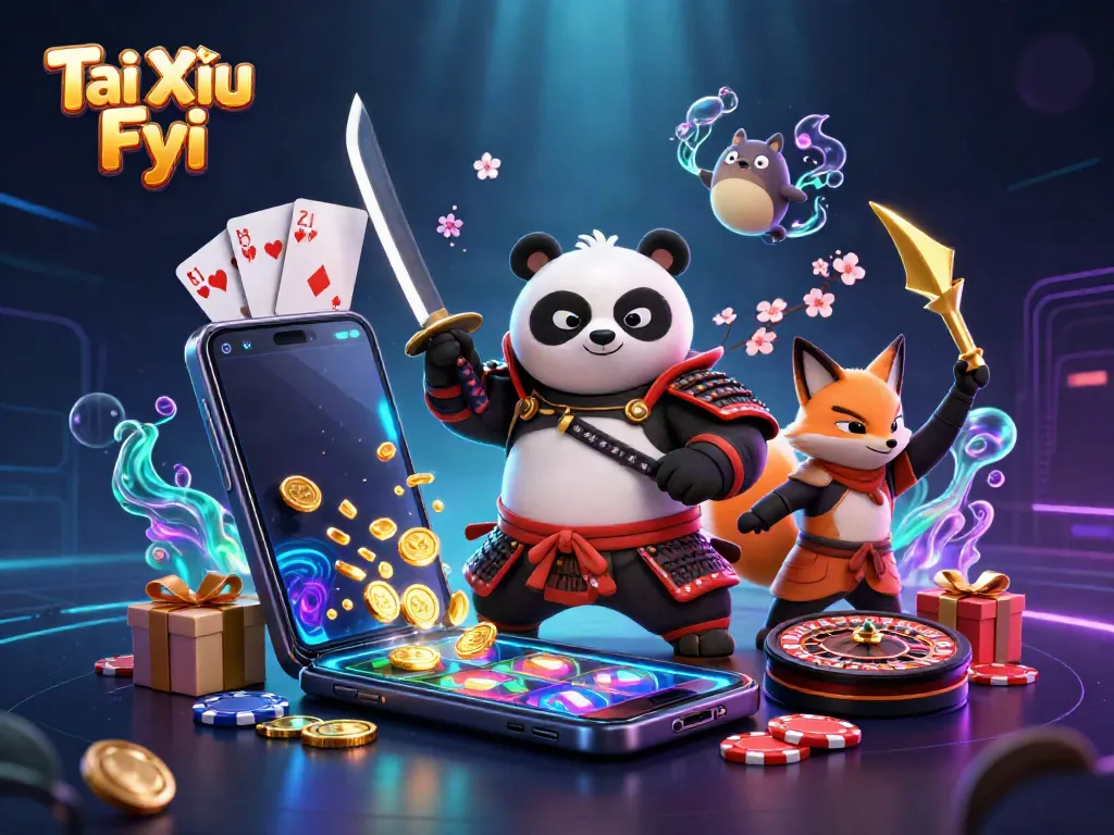 Tài Xỉu Fyi showcases an epic battle scene featuring a samurai panda, ninja fox, and magic tanuki amidst vibrant casino elements.