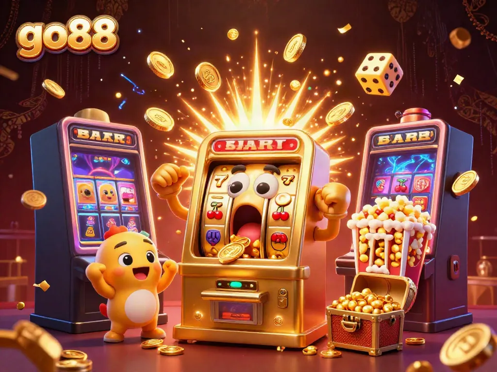 Experience the excitement of go88 as a golden slot machine hits the jackpot amid a celebration of toys and coins.