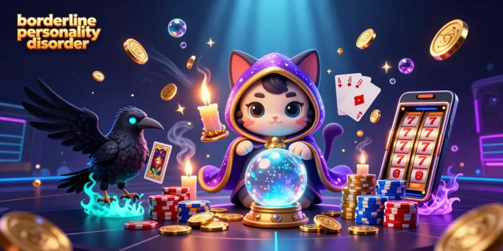 Engage with the vibrant world of borderline personality disorder illustrated through a dynamic casino scene featuring tarot elements and slot machines.