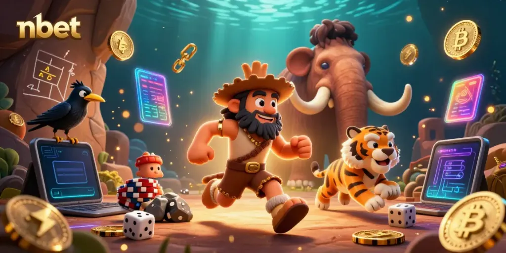 Engage in nbet with a thrilling prehistoric casino scene featuring unique characters and vibrant crypto elements.