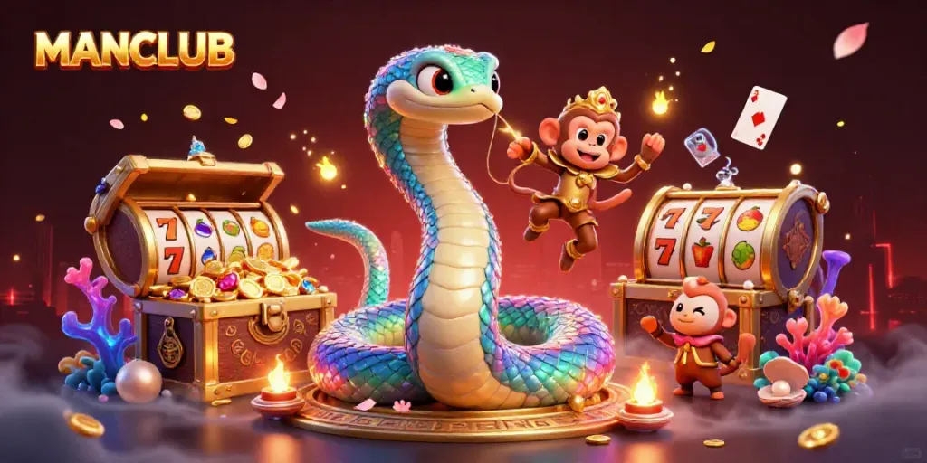 Engage in thrilling gaming adventures at MANCLUB with vibrant slot reels and energetic characters.