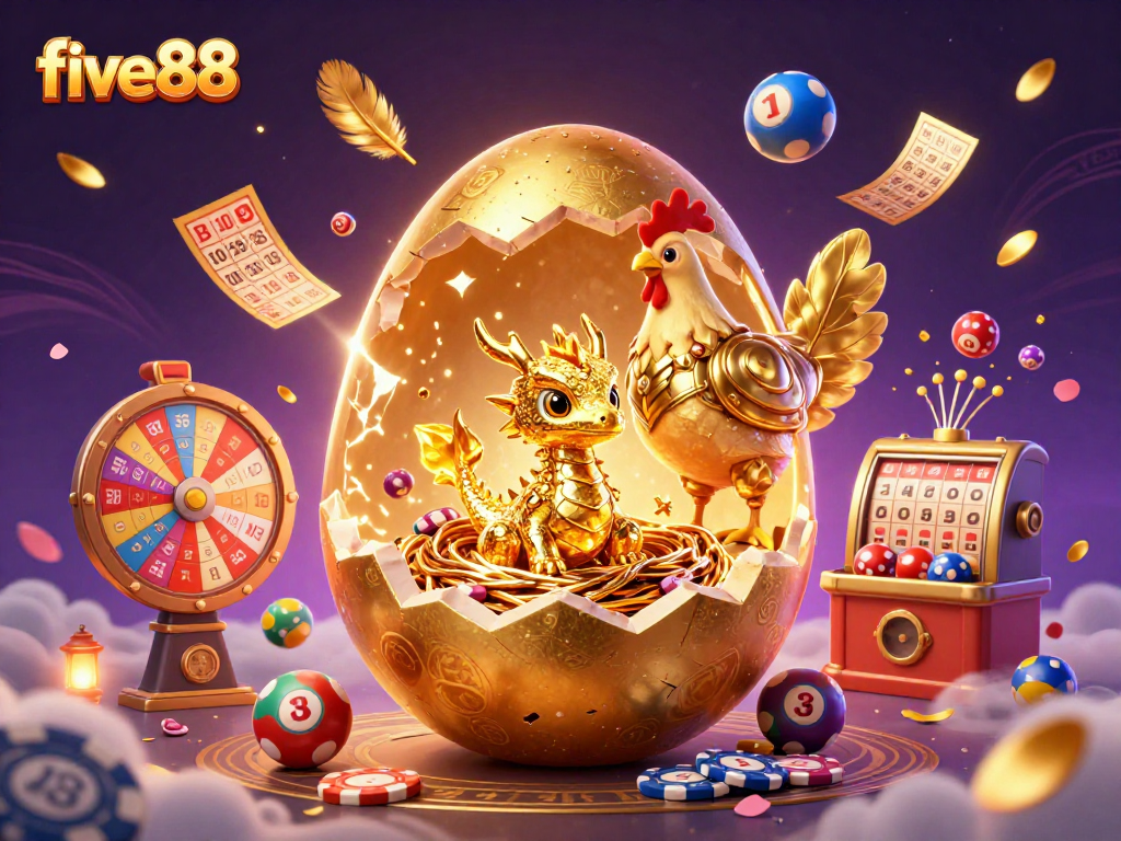 Engage in thrilling action with five88's vibrant casino scene featuring a golden baby dragon and lottery elements.