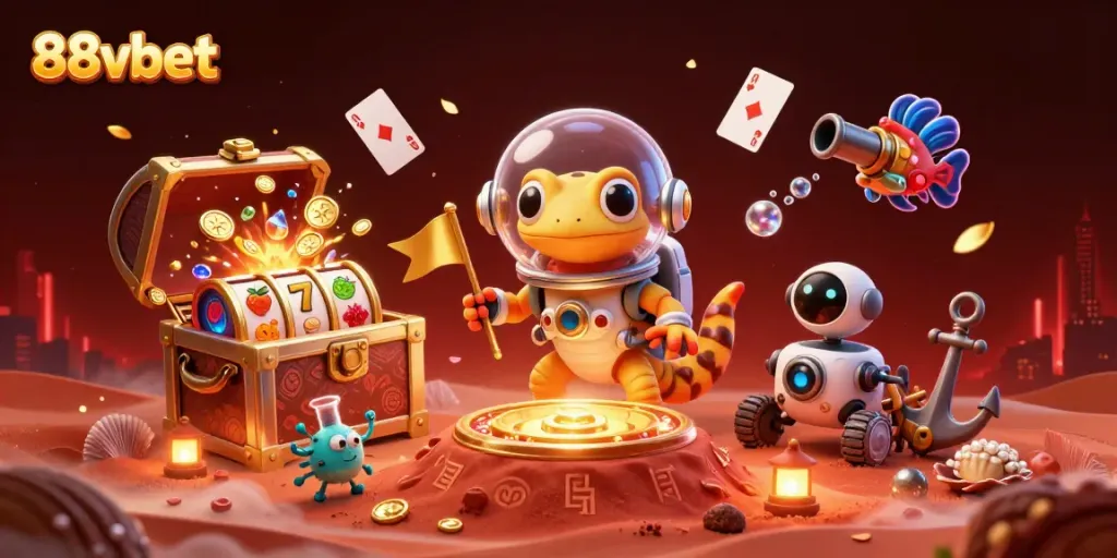 Engage with 88vbet's vibrant casino adventure featuring a Martian gecko in a space suit exploring a golden casino.