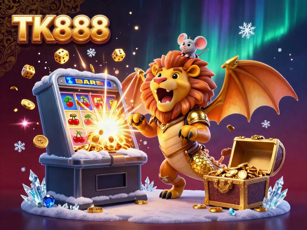Experience the thrill of gaming with TK888, showcased by a triumphant chimera and a bounty of casino prizes.