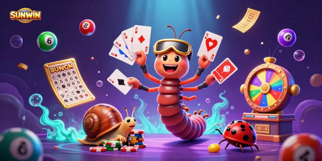 SUNWIN online casino illustration featuring a whimsical millipede dealer and vibrant gaming elements.