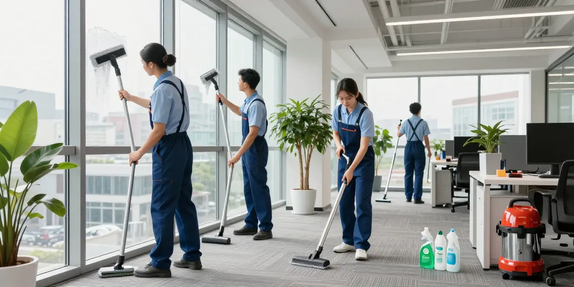 Gebäudereinigung Düsseldorf - Professionelle Reinigungskräfte arbeiten in einem modernen Büro.