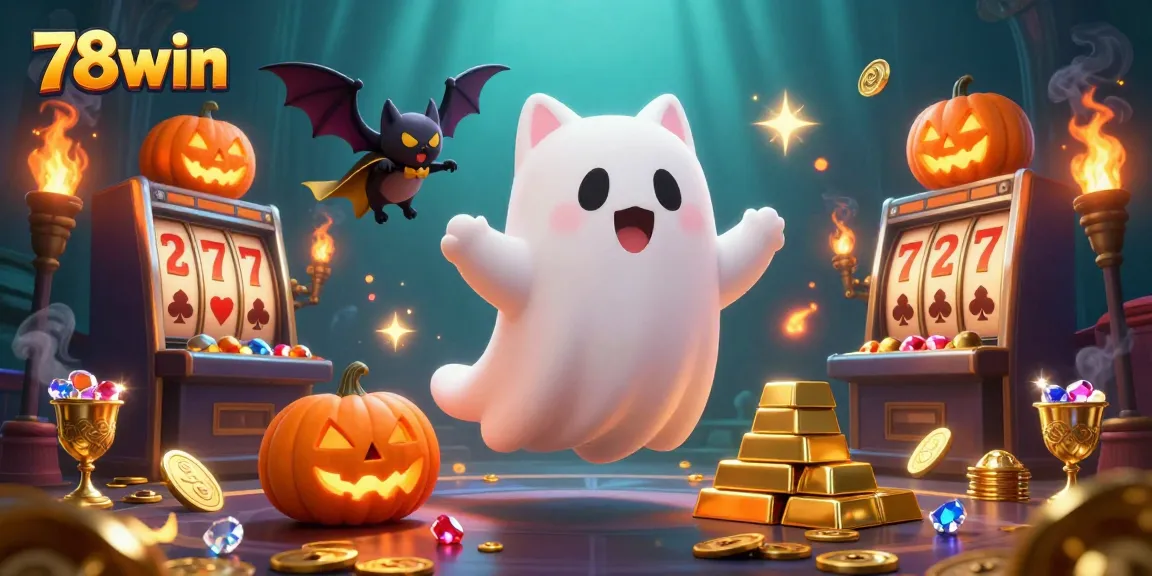 Engage in thrilling gameplay with 78win's exciting slots and a spooky cartoon scene.