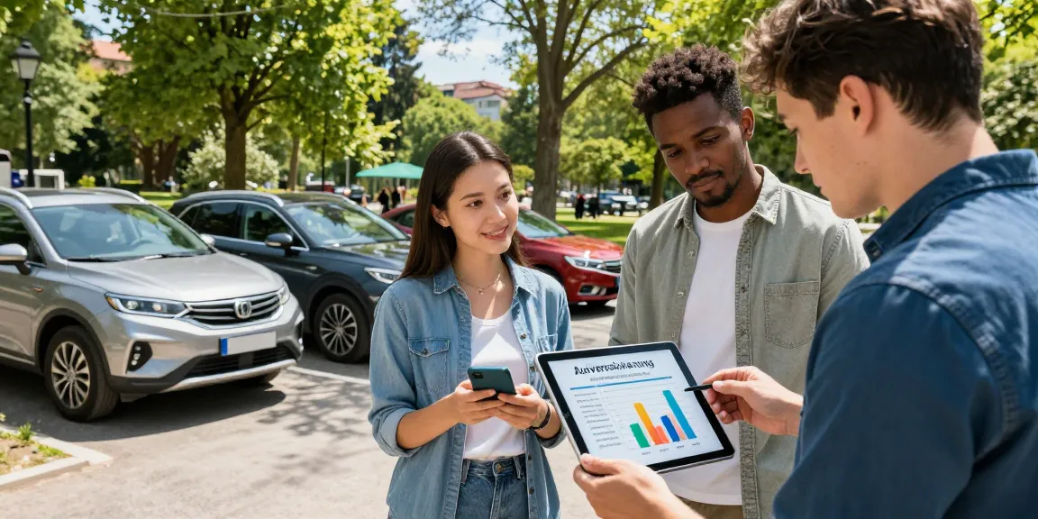 Diskussion über Autoversicherung im Park, Menschen vergleichen Tarife und sparen Geld.