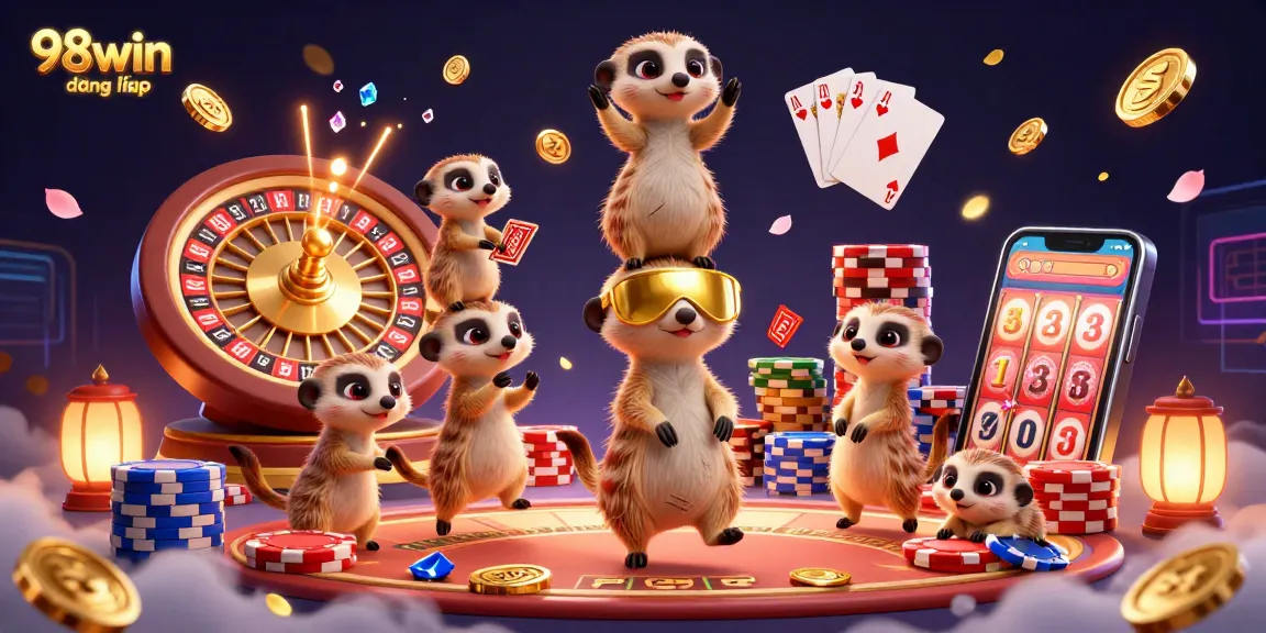 Engage with 98win đăng nhập at a dynamic casino, featuring meerkats and vibrant gaming elements.