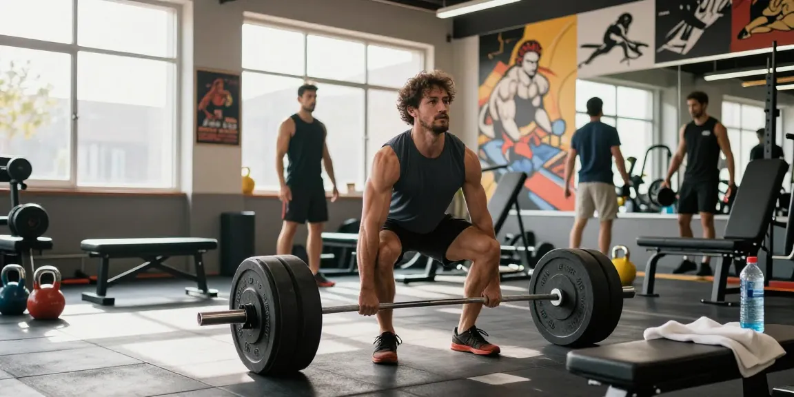 Anabolika Shop showcasing bodybuilding techniques with a male athlete performing a deadlift in a vibrant gym setting.