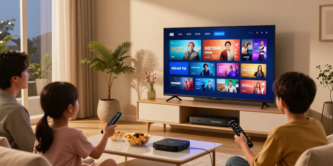 IPTV kaufen: Familie genießt 4K Streaming im modernen Wohnzimmer mit Smart TV.