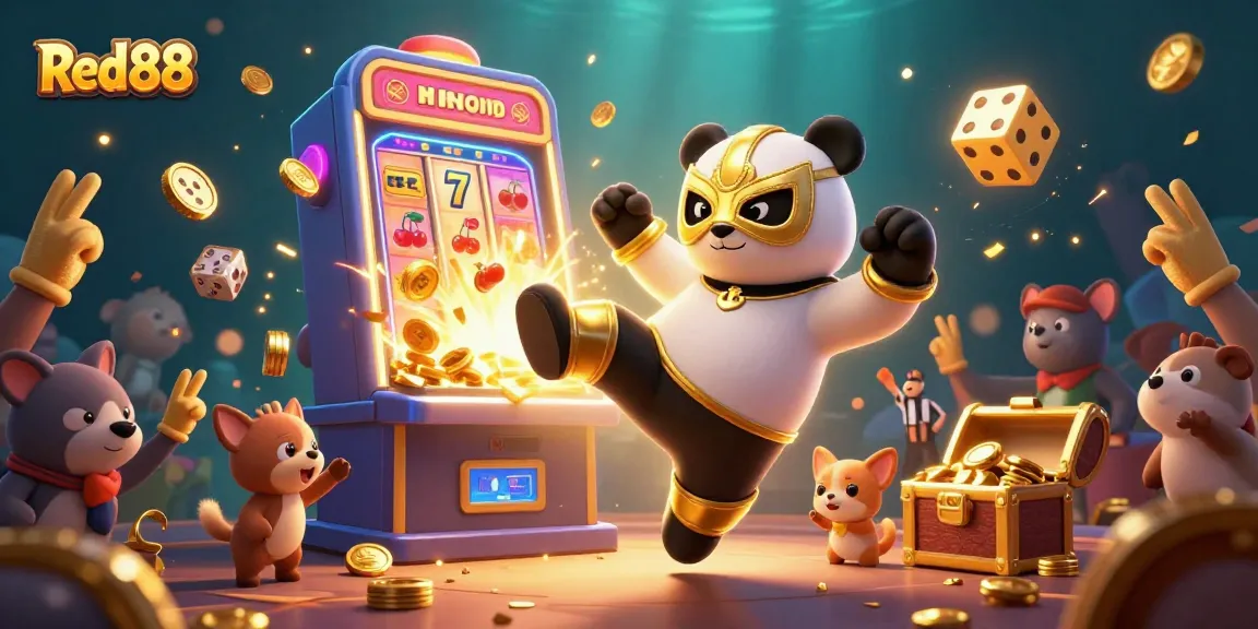 Experience the excitement of Red88 with a colorful casino-themed scene featuring a wrestler panda, winning symbols, and vibrant animations.
