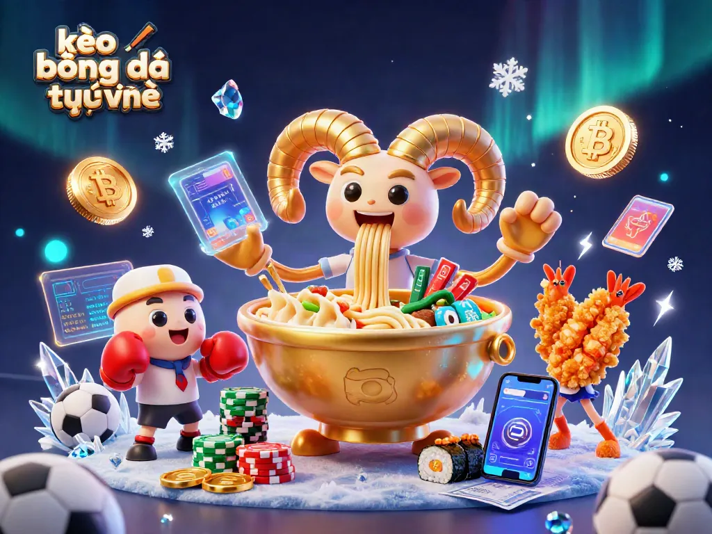 Engage with kèo bóng đá trực tuyến through a dynamic scene featuring a ramen bowl and vibrant sports betting elements.