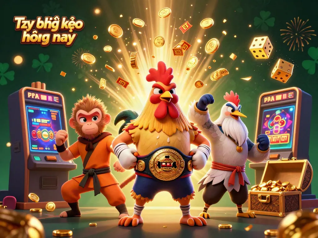 Tỷ lệ kèo bóng đá hôm nay showcased with vibrant 3D characters in a dynamic scene featuring casino elements.