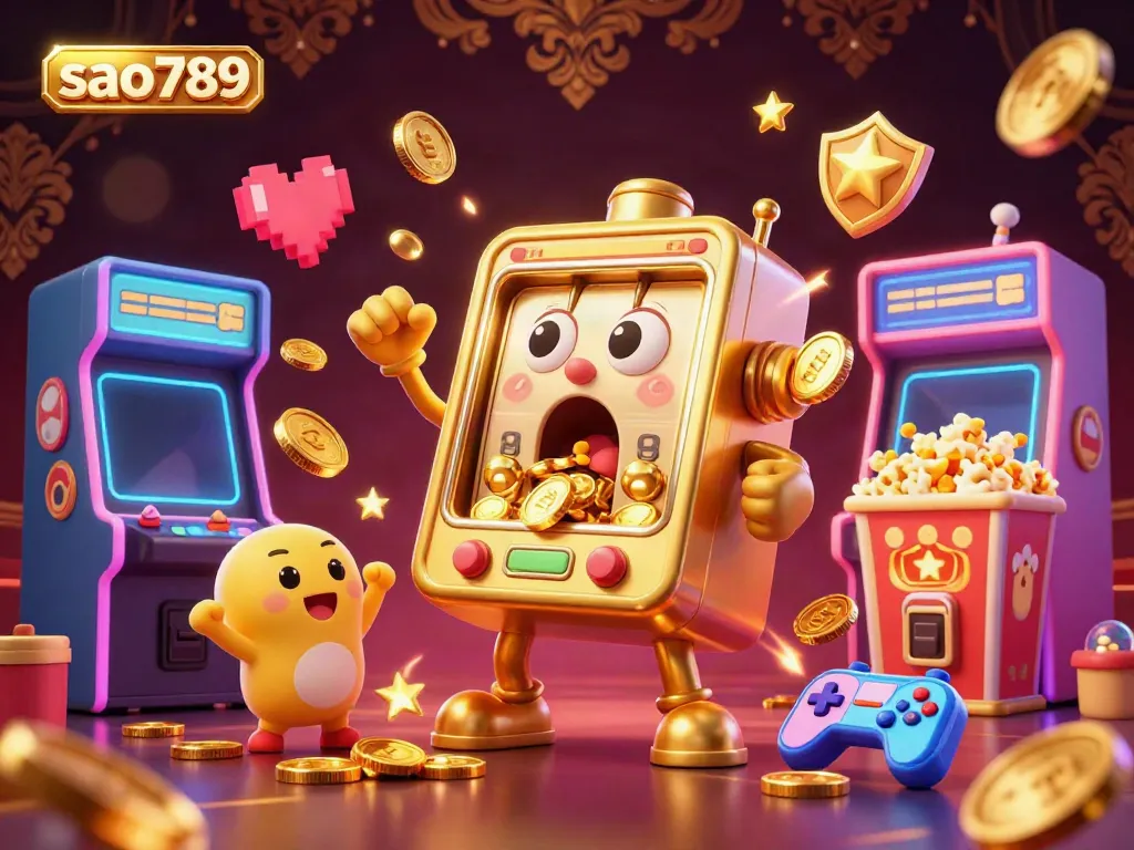 Experience the excitement of sao789 with a golden slot machine jackpot, celebrating with cheering mini slots.