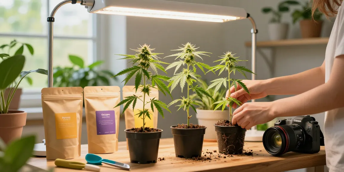 CBD stecklinge kaufen with rooted cuttings and colorful labels in a bright indoor garden.