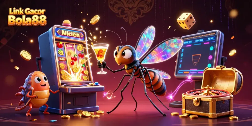 Engage with the vibrant world of Link Gacor Bola88, featuring a lively 3D casino scene.