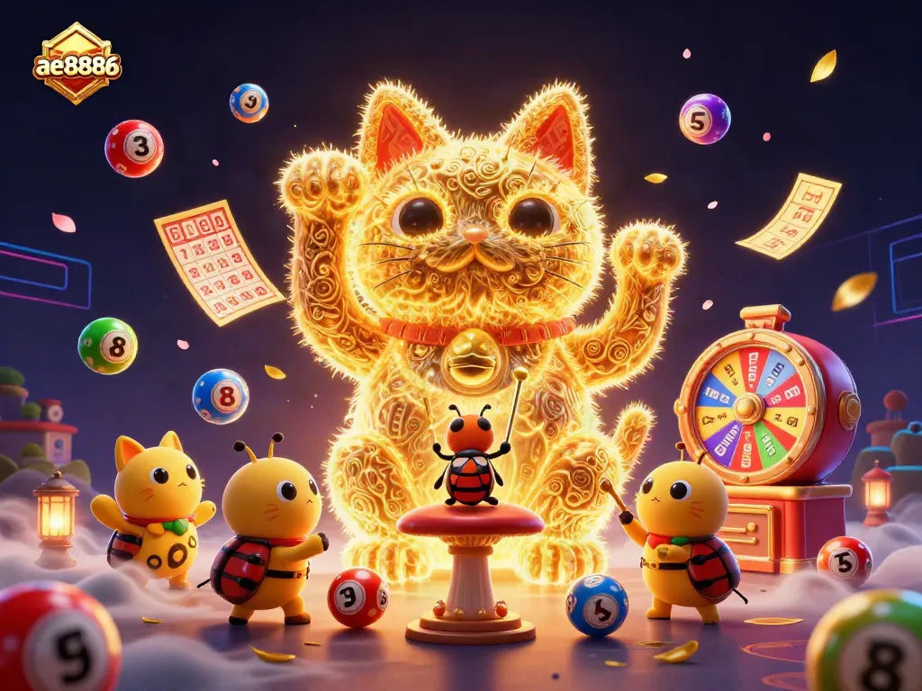Engage with ae8886's vibrant gambling scene featuring a lucky cat and dynamic casino elements.