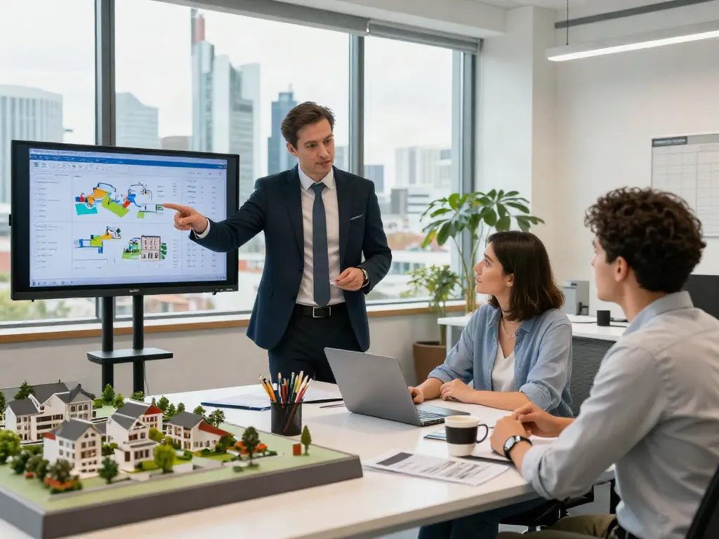 Bester Immobilienmakler Frankfurt berät Kunden im modernen Büro mit Stadtblick, zeigt verschiedene Immobilienoptionen.
