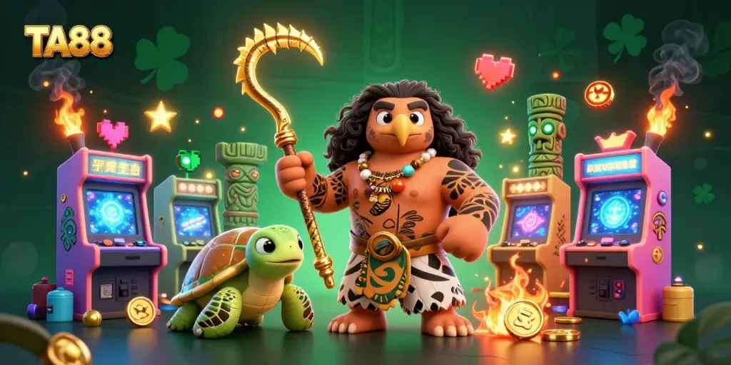 TA88 offers thrilling casino action with a lively demigod and turtle in a vibrant 3D illustration.