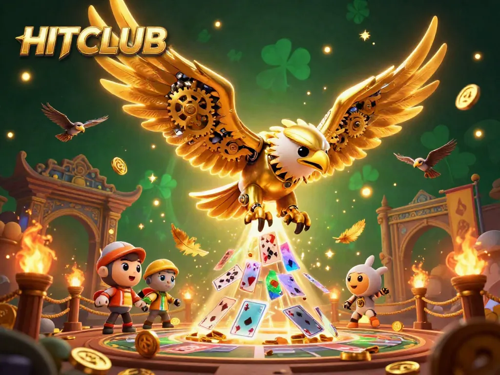 Exciting HITCLUB scene showcasing the golden eagle amidst dynamic casino elements and festive visuals.