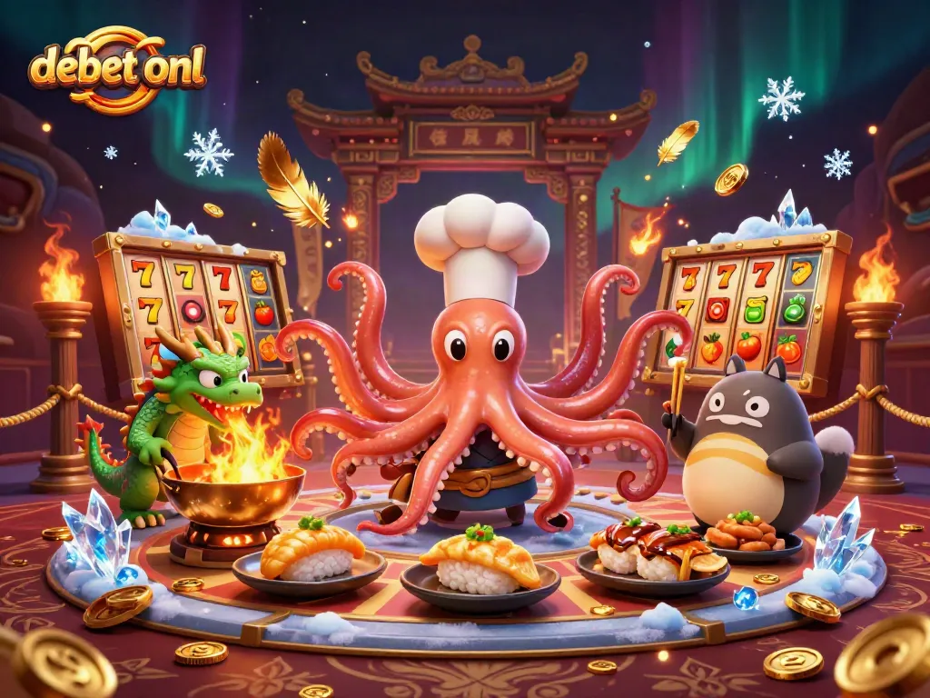 Engage with debet-onl in a vibrant casino world featuring an octopus chef, dragon, and tanuki.
