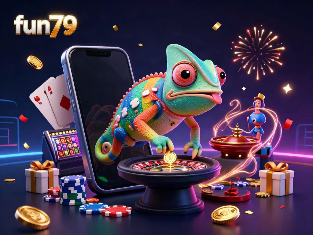 Experience fun79's vibrant casino scene with a colorful chameleon, slot game, and poker elements.