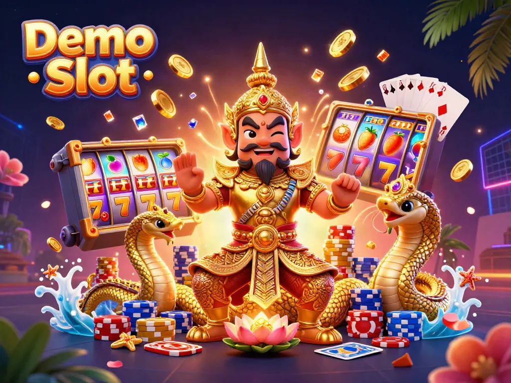 Experience thrilling gameplay with Demo Slot, featuring dynamic Thai guardian and colorful slot symbols.