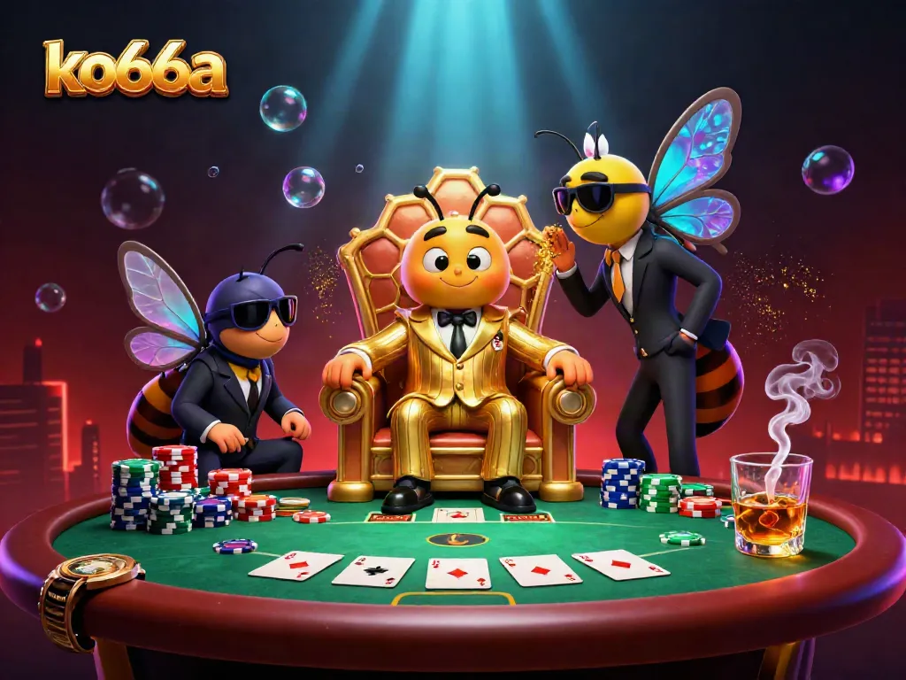 Experience the vibrant world of ko66a with a cartoon bumblebee mob boss surrounded by poker elements and rich casino atmosphere.