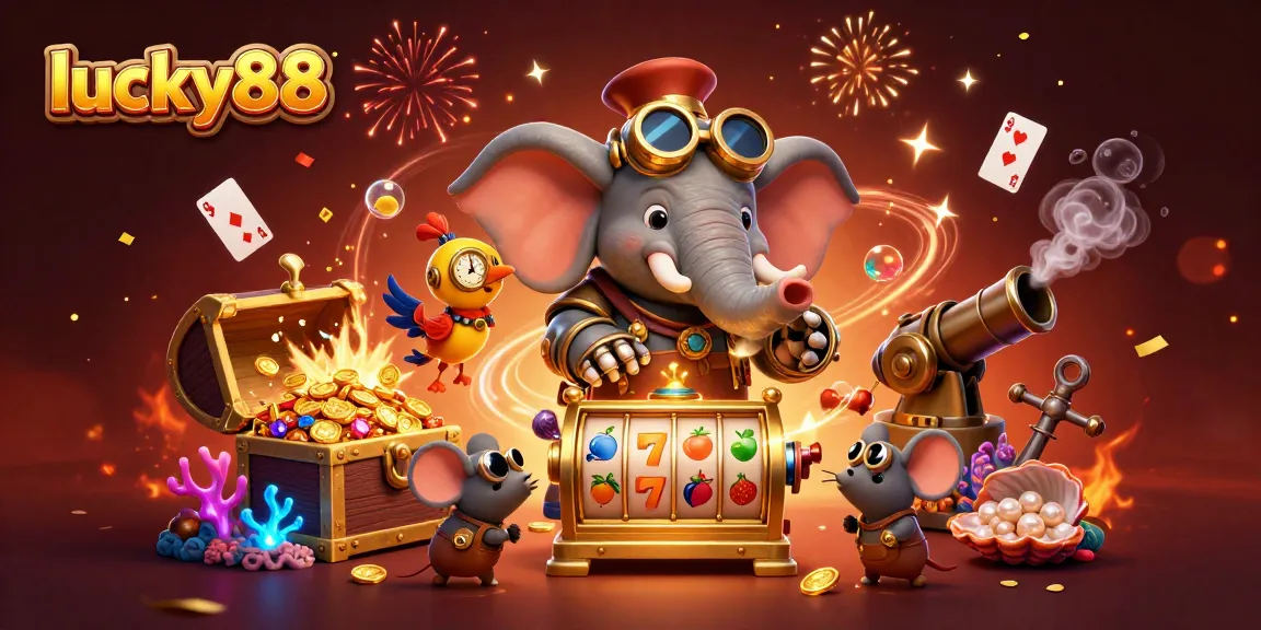 Engage with lucky88's thrilling slot machines, featuring a steampunk elephant engineer in a vibrant casino scene.