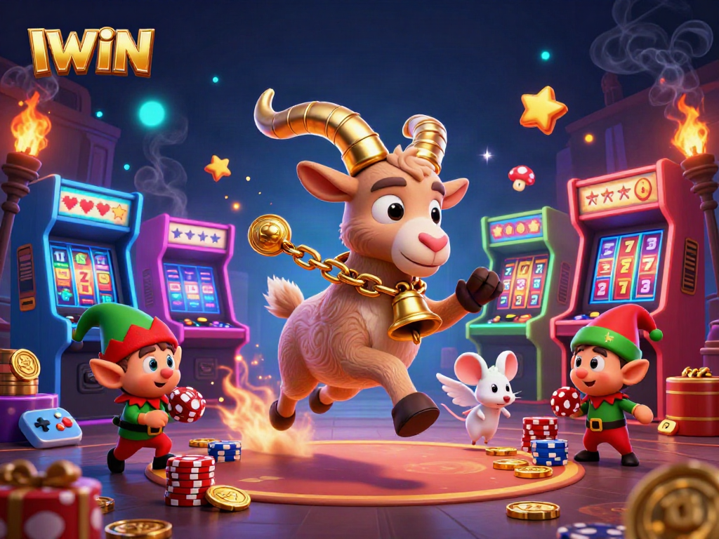 IWIN's festive casino scene showcases a spirited Krampus and playful characters in vibrant gaming action.