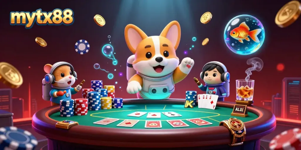 Join the excitement at mytx88 with a floating casino adventure featuring animated characters and vibrant gaming elements.