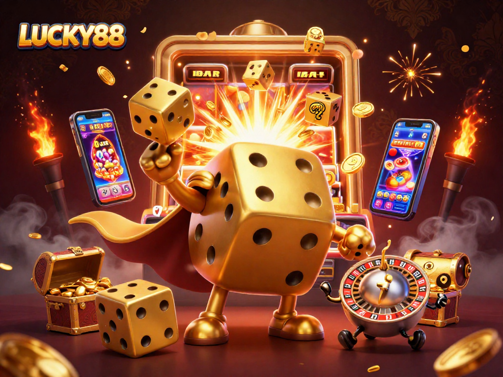 Experience the thrilling excitement of LUCKY88 with vibrant casino elements and lively characters.