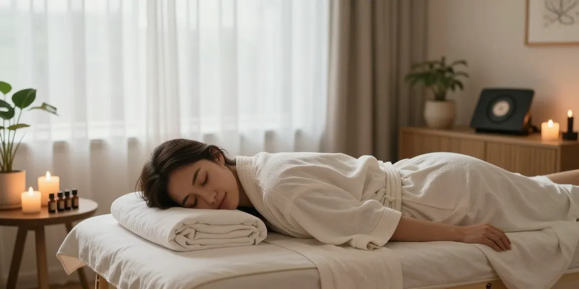 Youthful woman enjoying a 종로출장 massage in a cozy home spa.