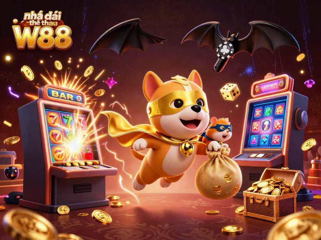 Experience the thrill with Nhà cái thể thao W88 featuring a superhero dog and hamster in a vibrant casino scene.