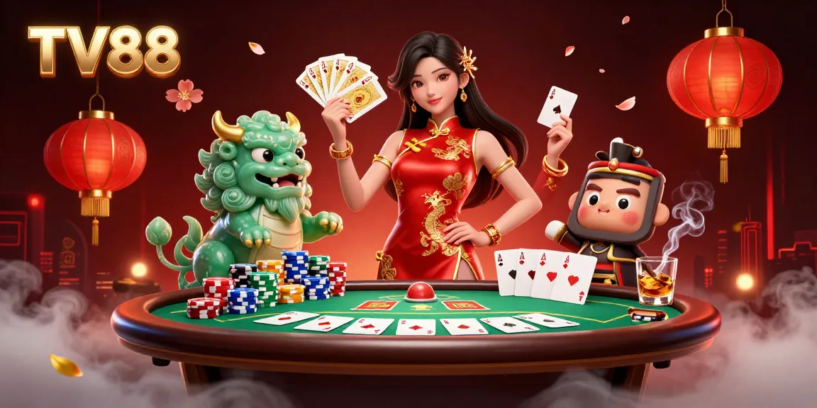 Engage in thrilling gameplay at TV88 with an elegant woman, poker elements, and vibrant casino atmosphere.