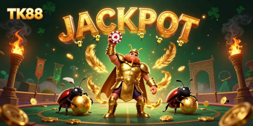 Betting excitement at TK88 with heroic beetles celebrating a jackpot victory in a vibrant casino scene.