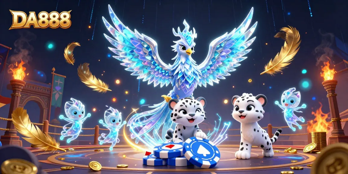 Experience thrilling gameplay at DA888 with an ice phoenix and poker chip in a vibrant casino scene.